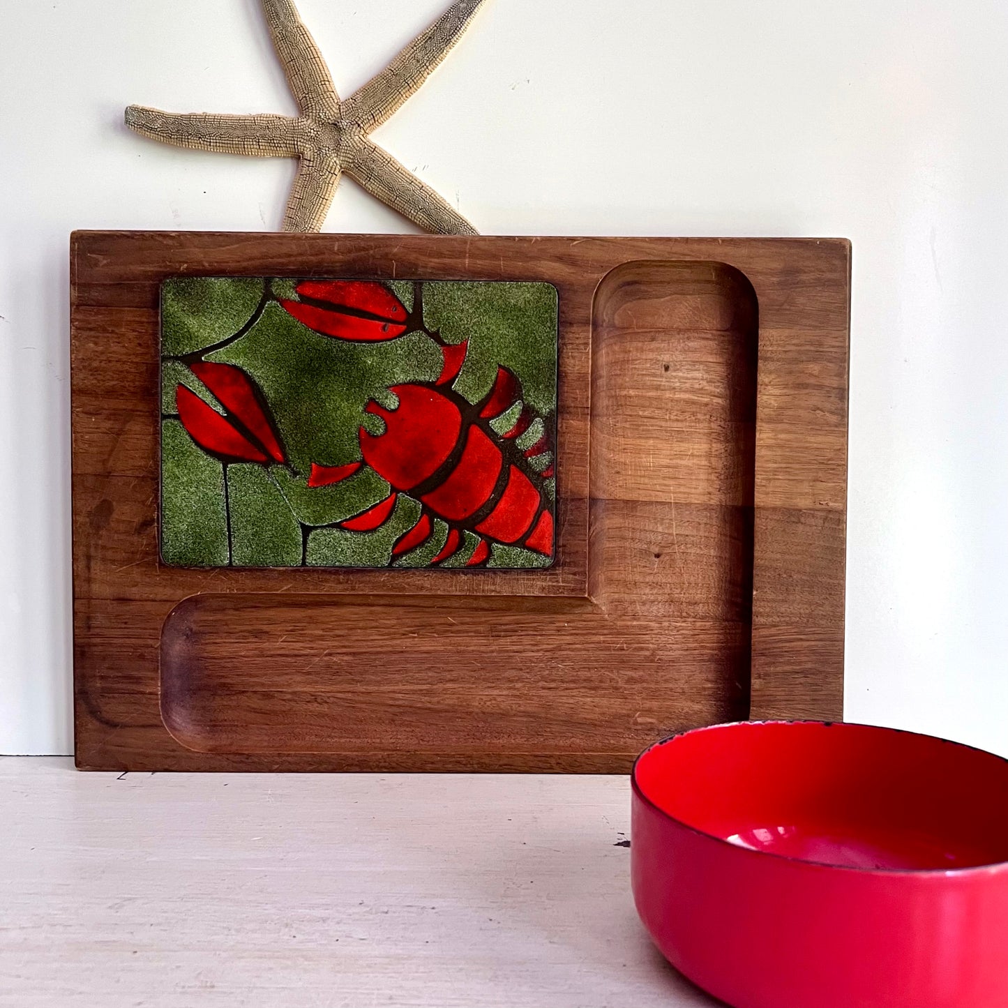 MCM Lobster Tile Teak Serving Tray and Red Enamel Bowl