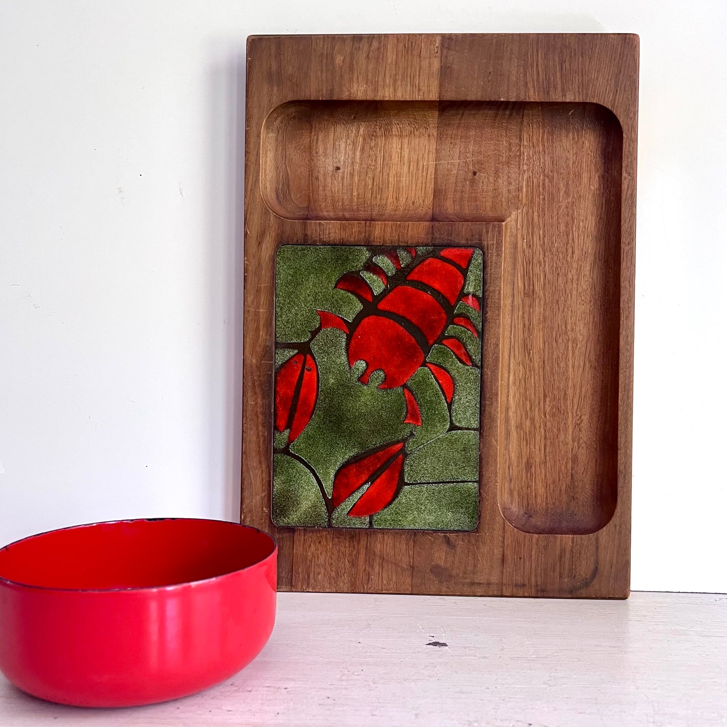 MCM Lobster Tile Teak Serving Tray and Red Enamel Bowl
