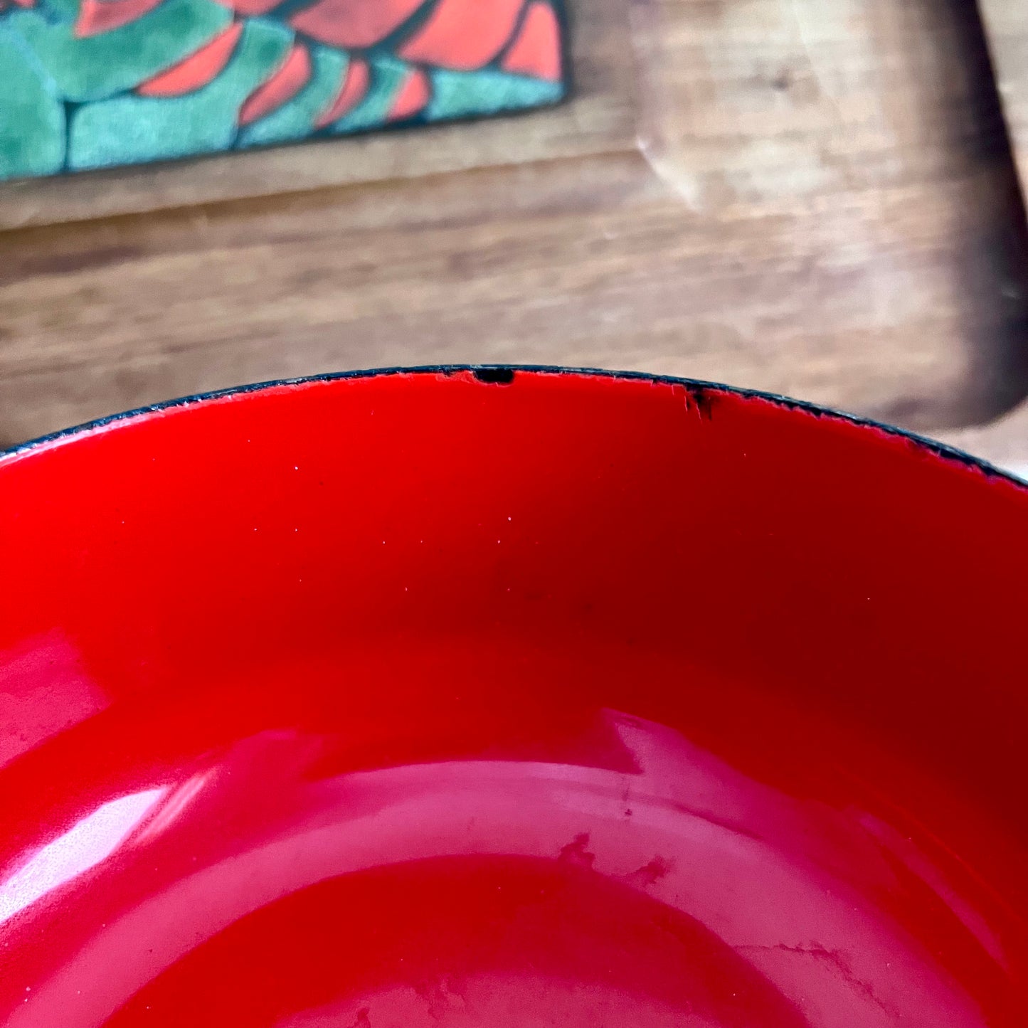 MCM Lobster Tile Teak Serving Tray and Red Enamel Bowl