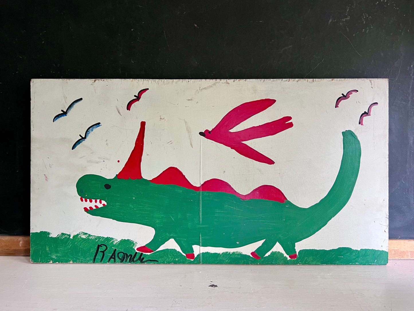 R.A. Miller Folk Art Painting of Alligator on Wood