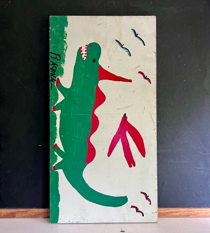 R.A. Miller Folk Art Painting of Alligator on Wood