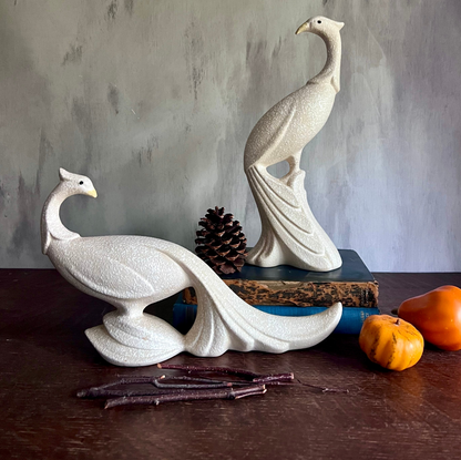 Vintage Maddux California White Pebbled Pottery Peacock Figurines