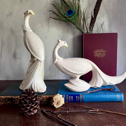 Vintage Maddux California White Pebbled Pottery Peacock Figurines