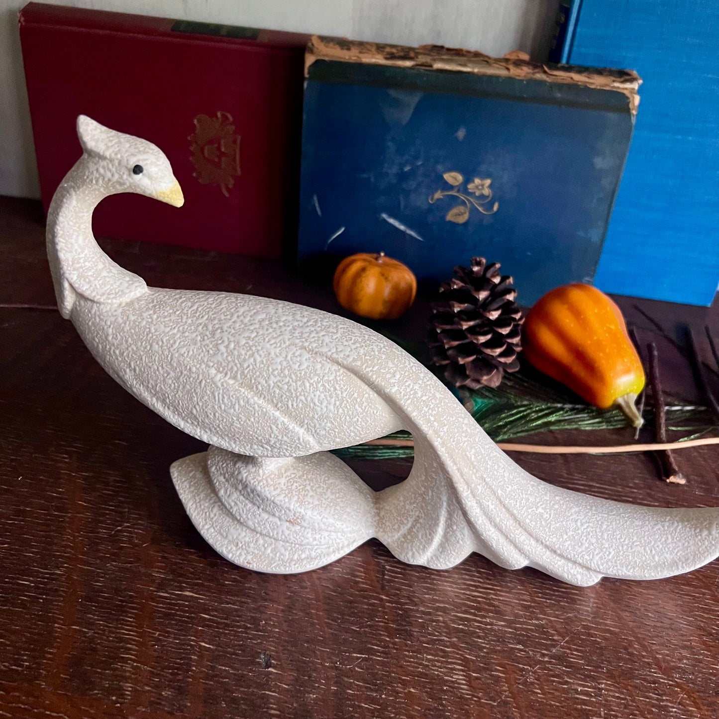 Vintage Maddux California White Pebbled Pottery Peacock Figurines