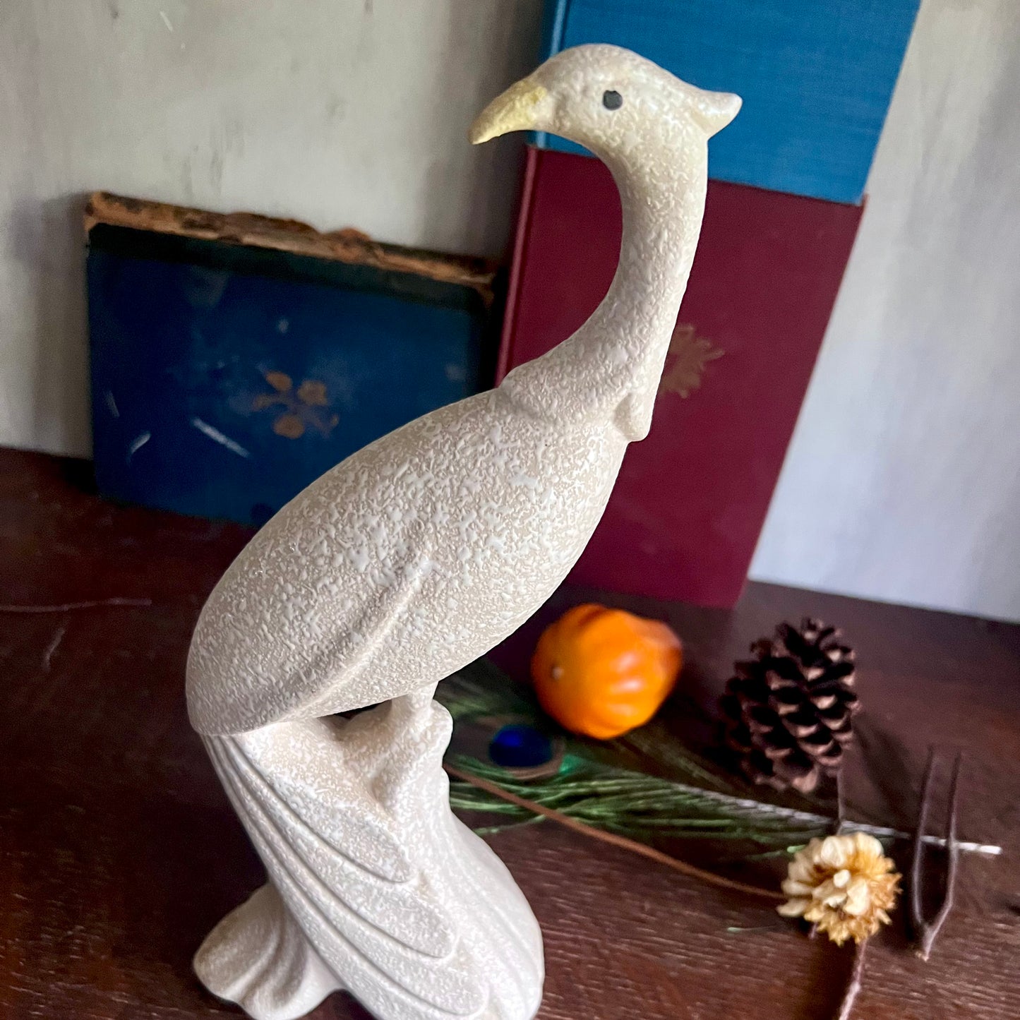 Vintage Maddux California White Pebbled Pottery Peacock Figurines