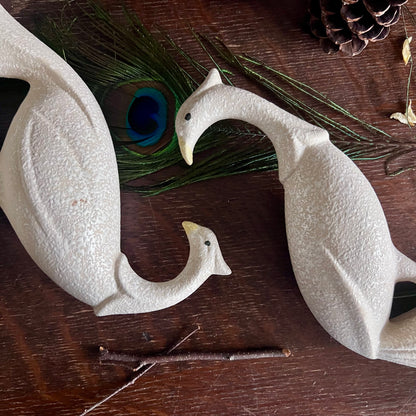 Vintage Maddux California White Pebbled Pottery Peacock Figurines