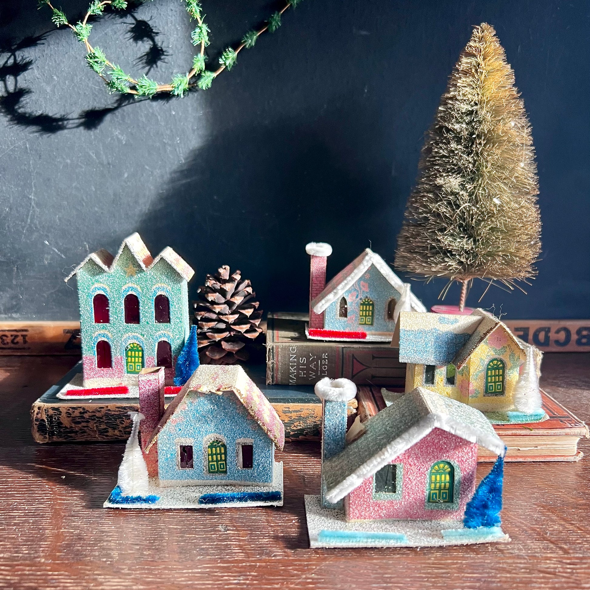 Five Piece Vintage Pastel Putz Village (c.1950s)