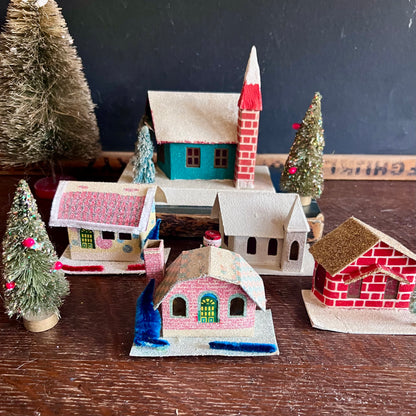Seven Piece Putz Village with Houses, Church and Trees