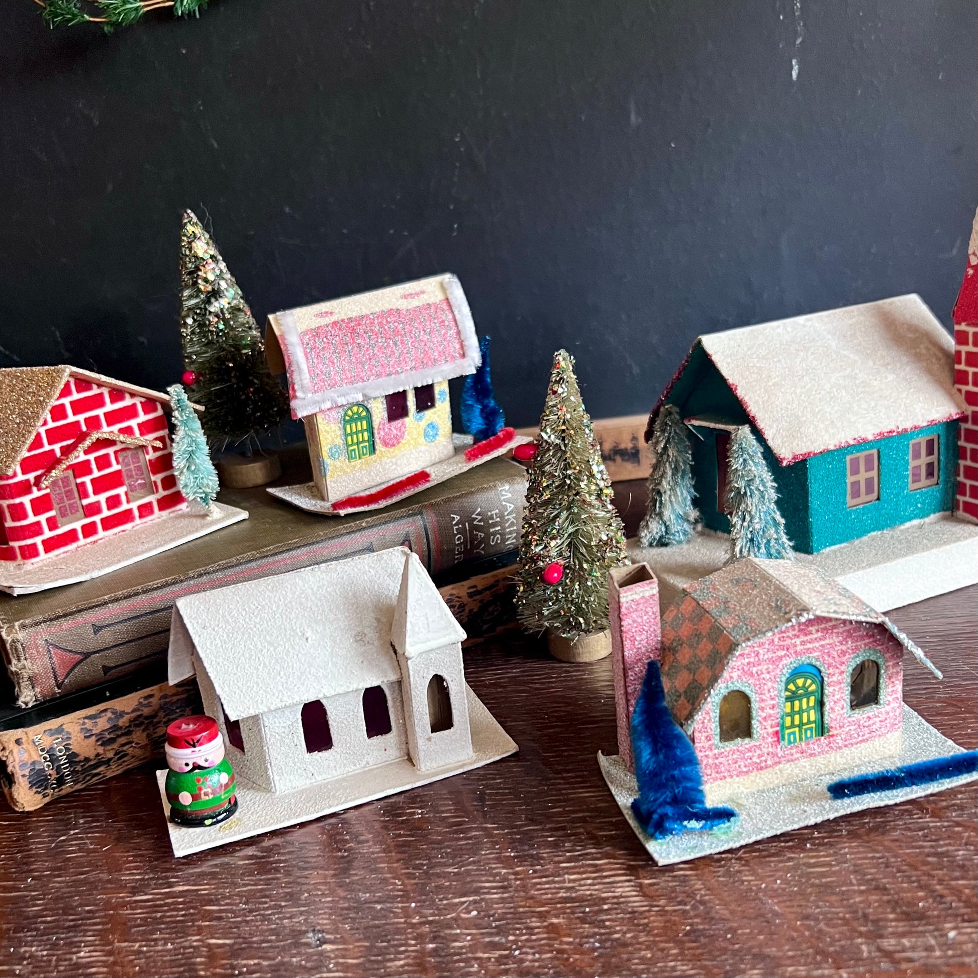 Seven Piece Putz Village with Houses, Church and Trees