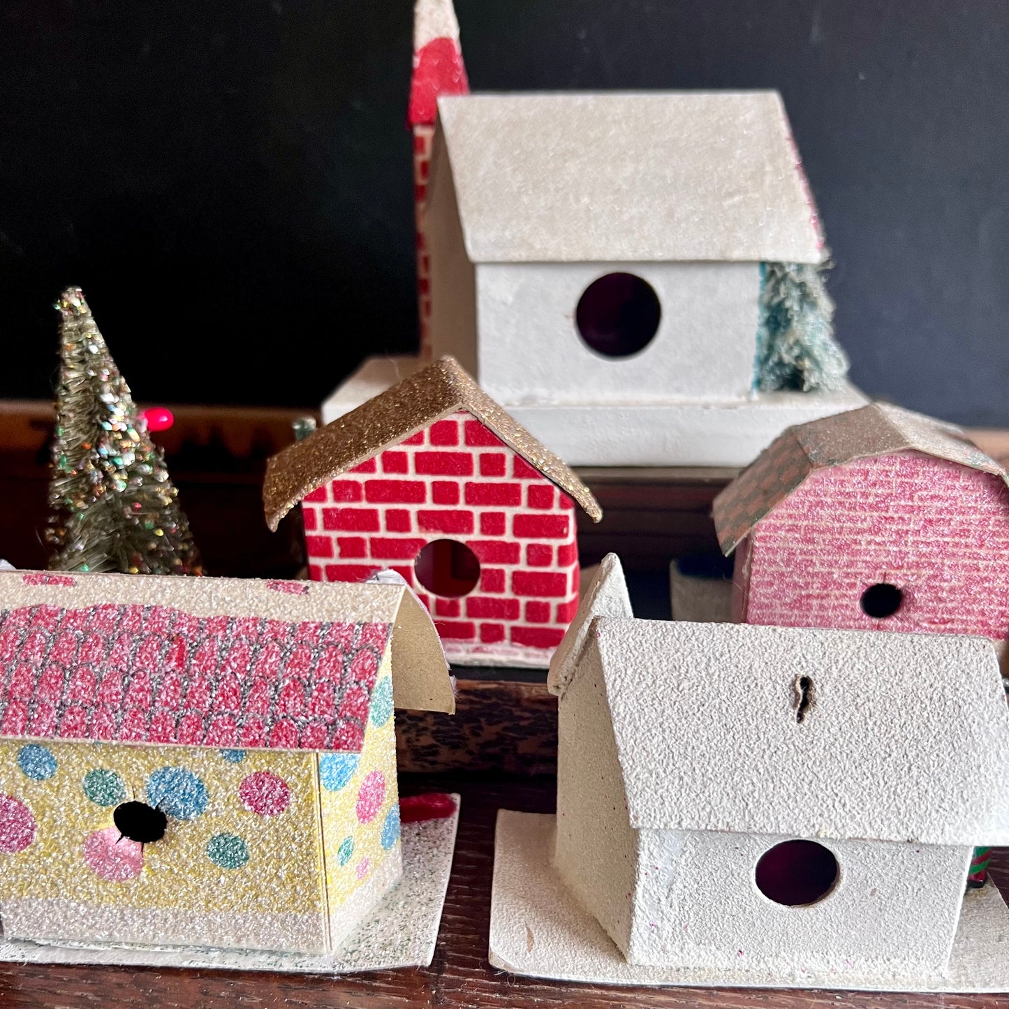 Seven Piece Putz Village with Houses, Church and Trees