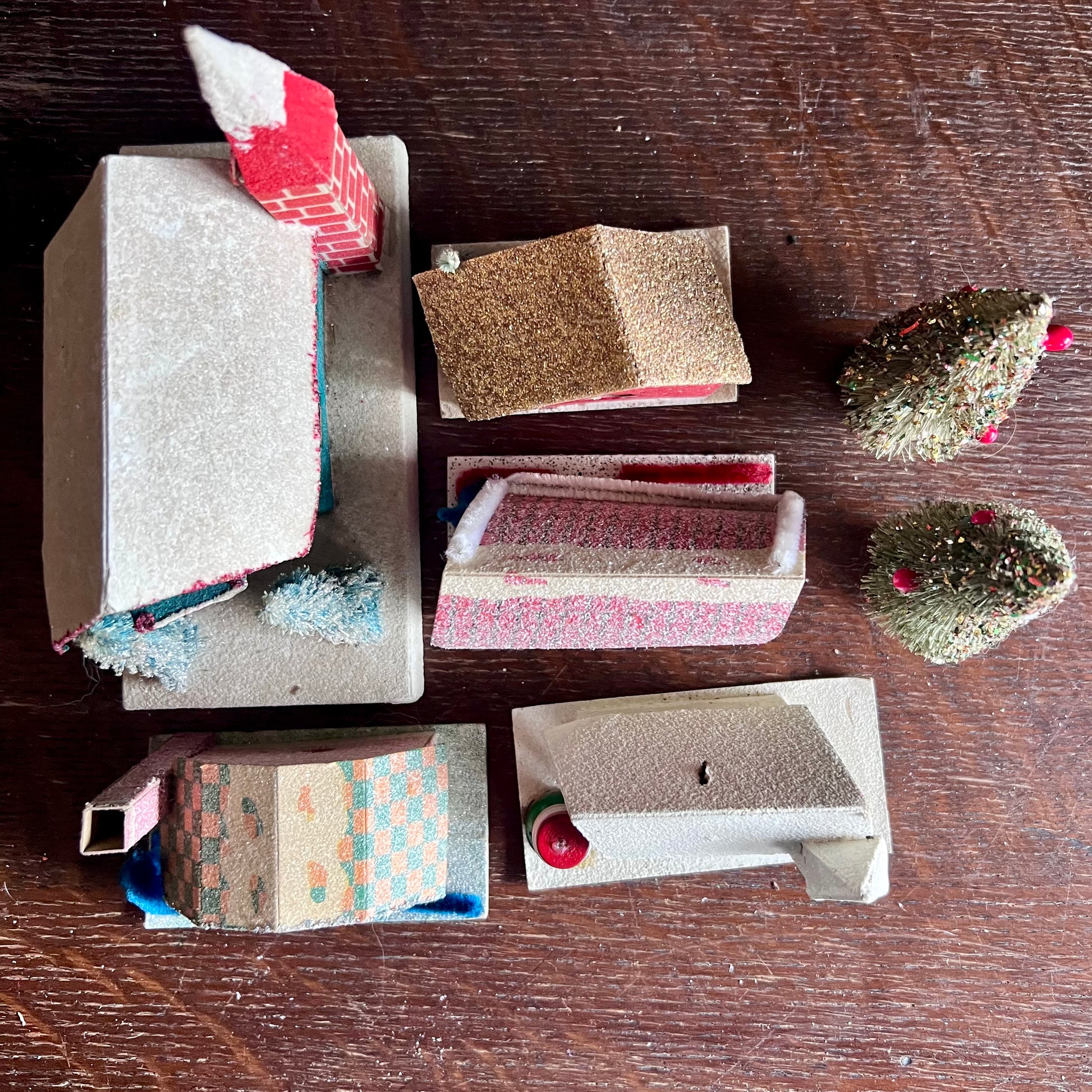 Seven Piece Putz Village with Houses, Church and Trees