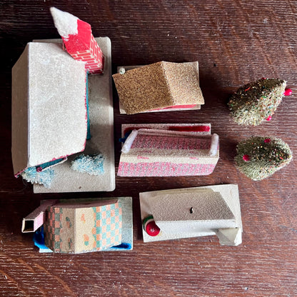 Seven Piece Putz Village with Houses, Church and Trees