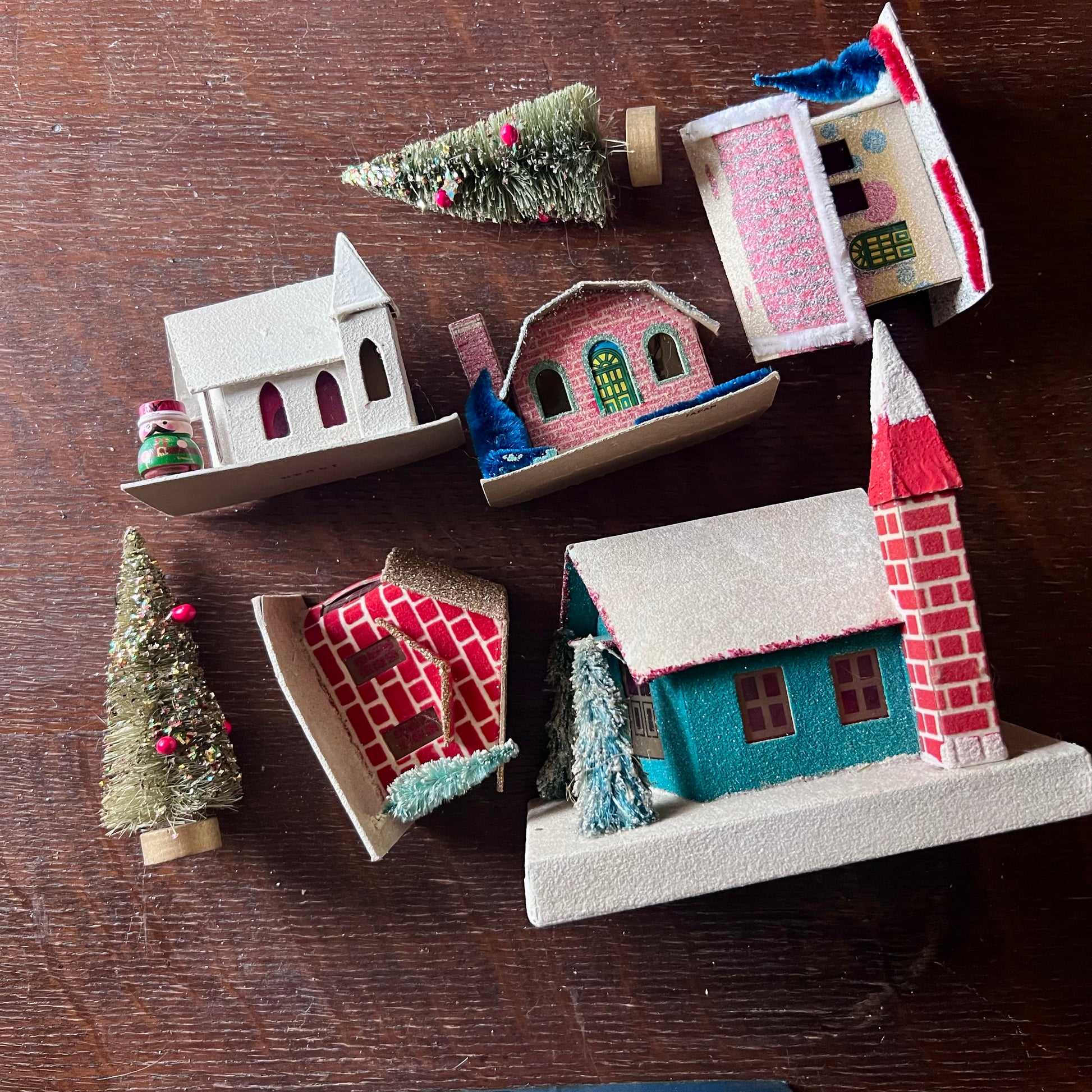 Seven Piece Putz Village with Houses, Church and Trees