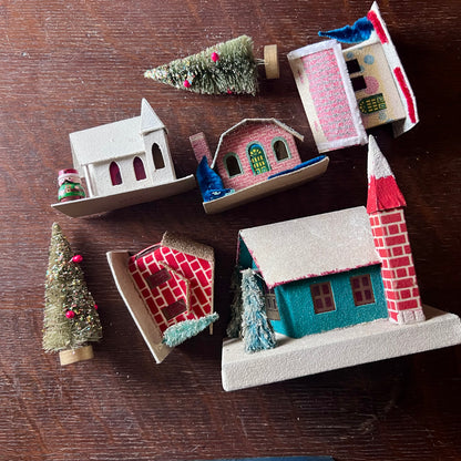 Seven Piece Putz Village with Houses, Church and Trees