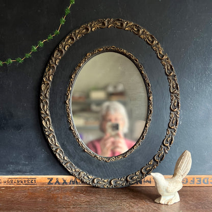 Early Antique Handmade Mirror with Oval Black Frame