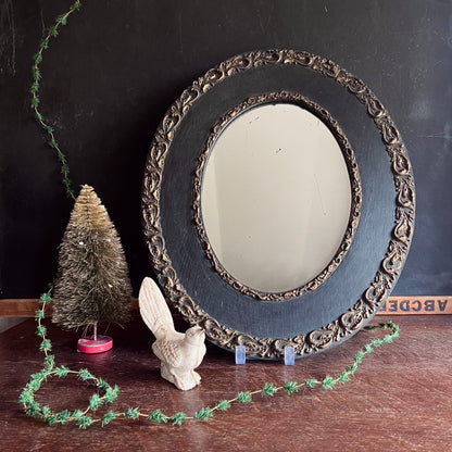 Early Antique Handmade Mirror with Oval Black Frame