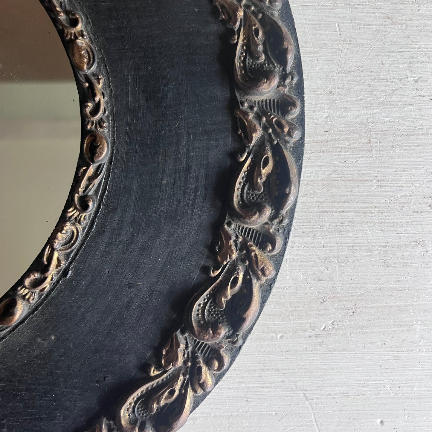 Early Antique Handmade Mirror with Oval Black Frame