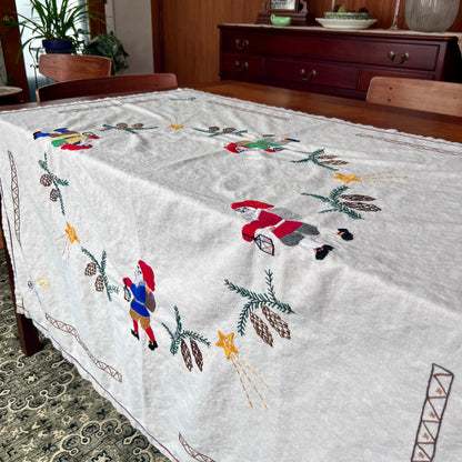 Old Hand Embroidered Folk Art Christmas Tablecloth
