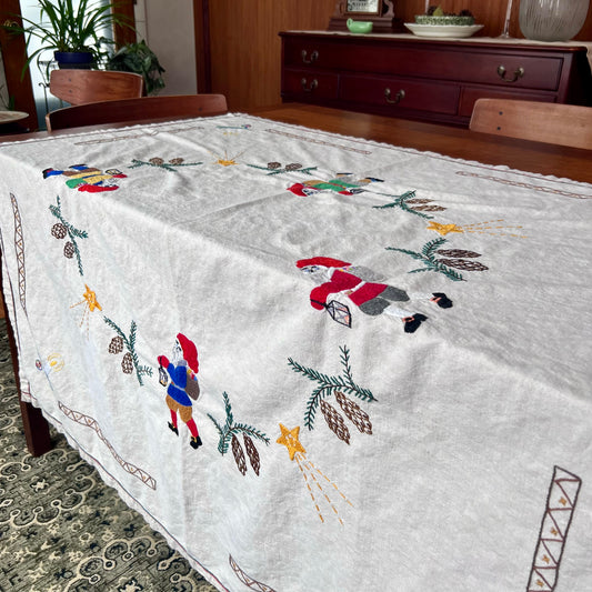 Old Hand Embroidered Folk Art Christmas Tablecloth