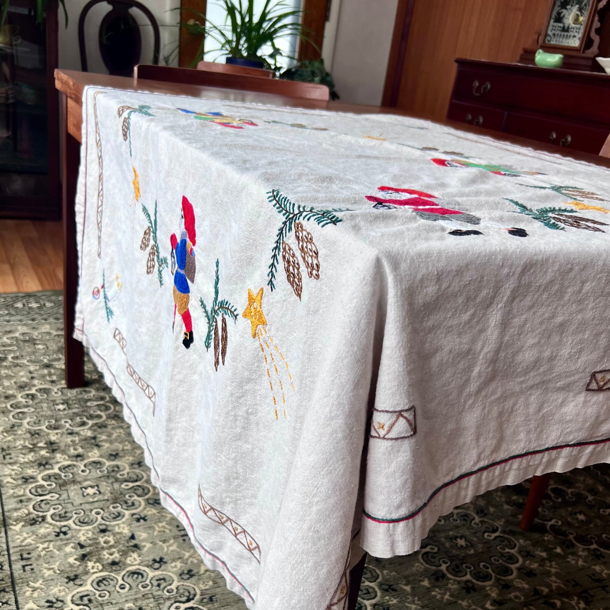 Old Hand Embroidered Folk Art Christmas Tablecloth