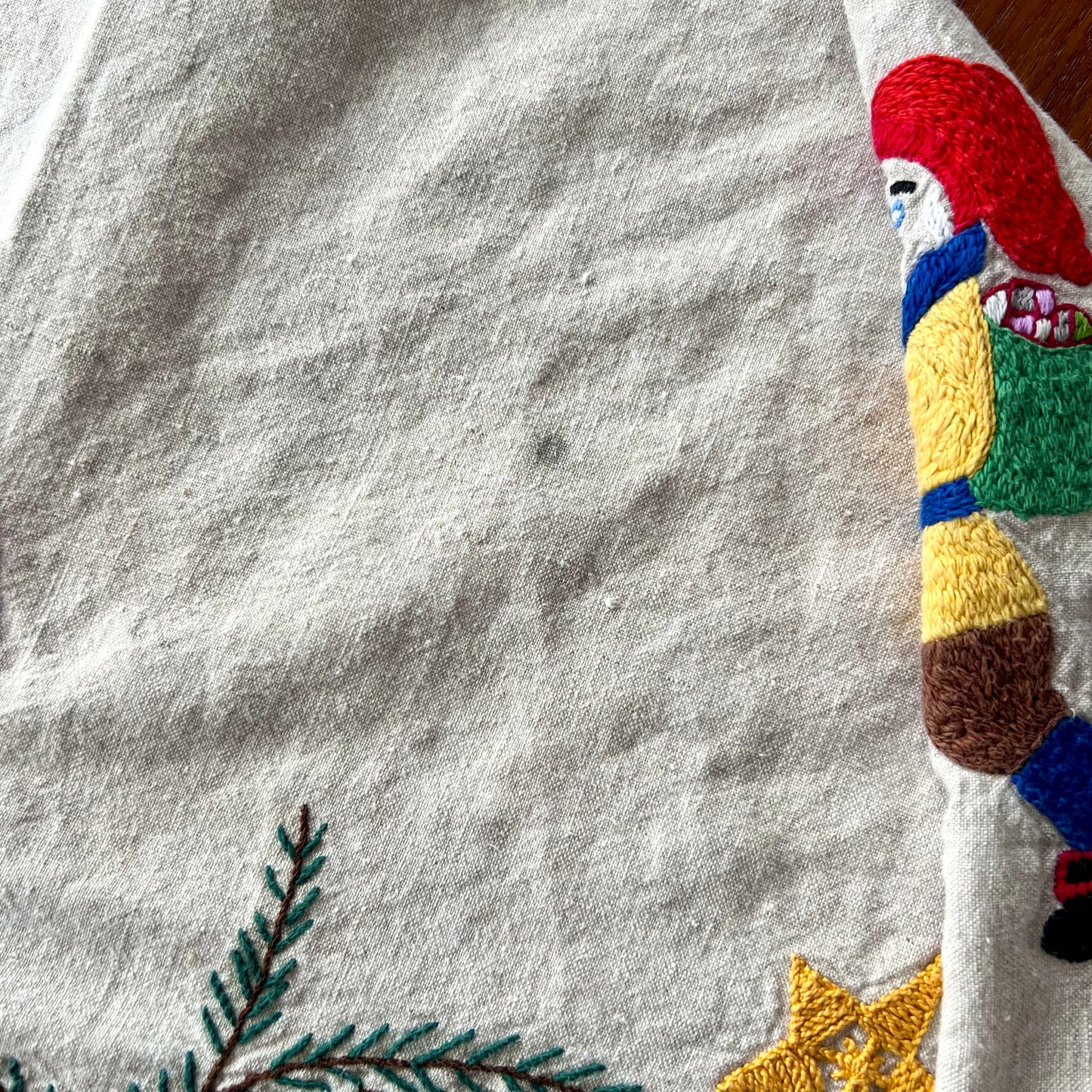 Old Hand Embroidered Folk Art Christmas Tablecloth