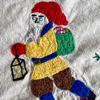 Old Hand Embroidered Folk Art Christmas Tablecloth