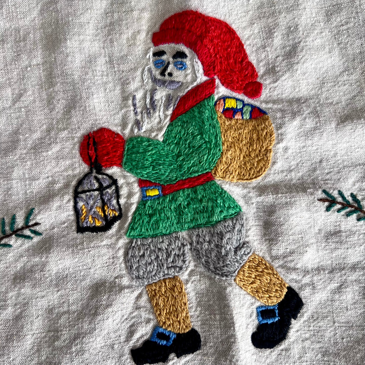Old Hand Embroidered Folk Art Christmas Tablecloth