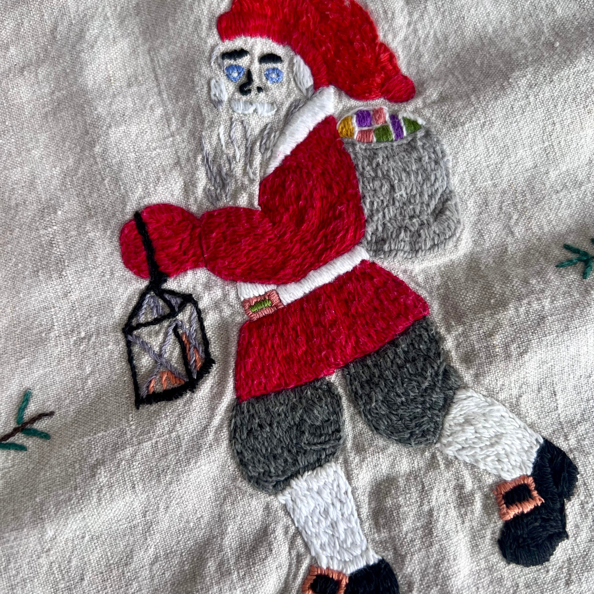Old Hand Embroidered Folk Art Christmas Tablecloth