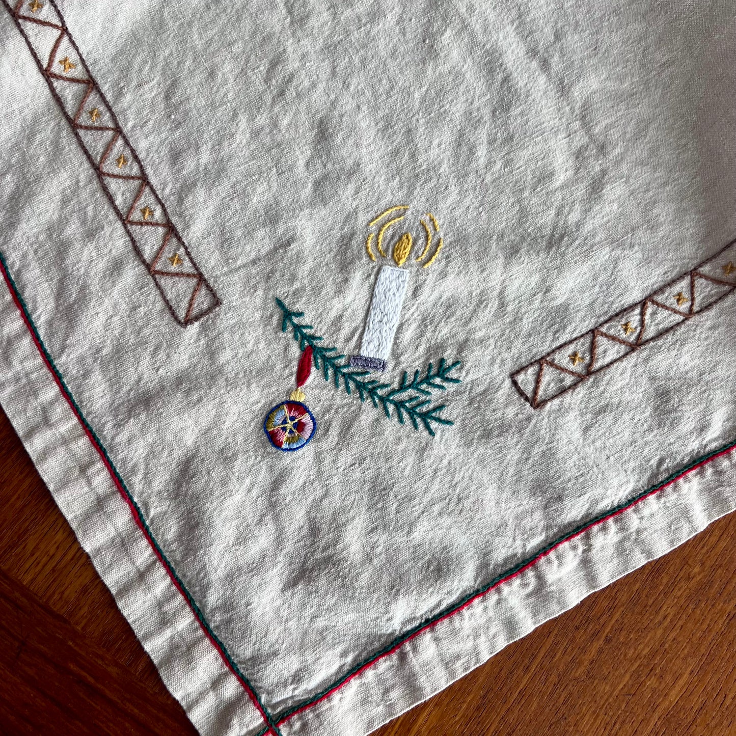 Old Hand Embroidered Folk Art Christmas Tablecloth