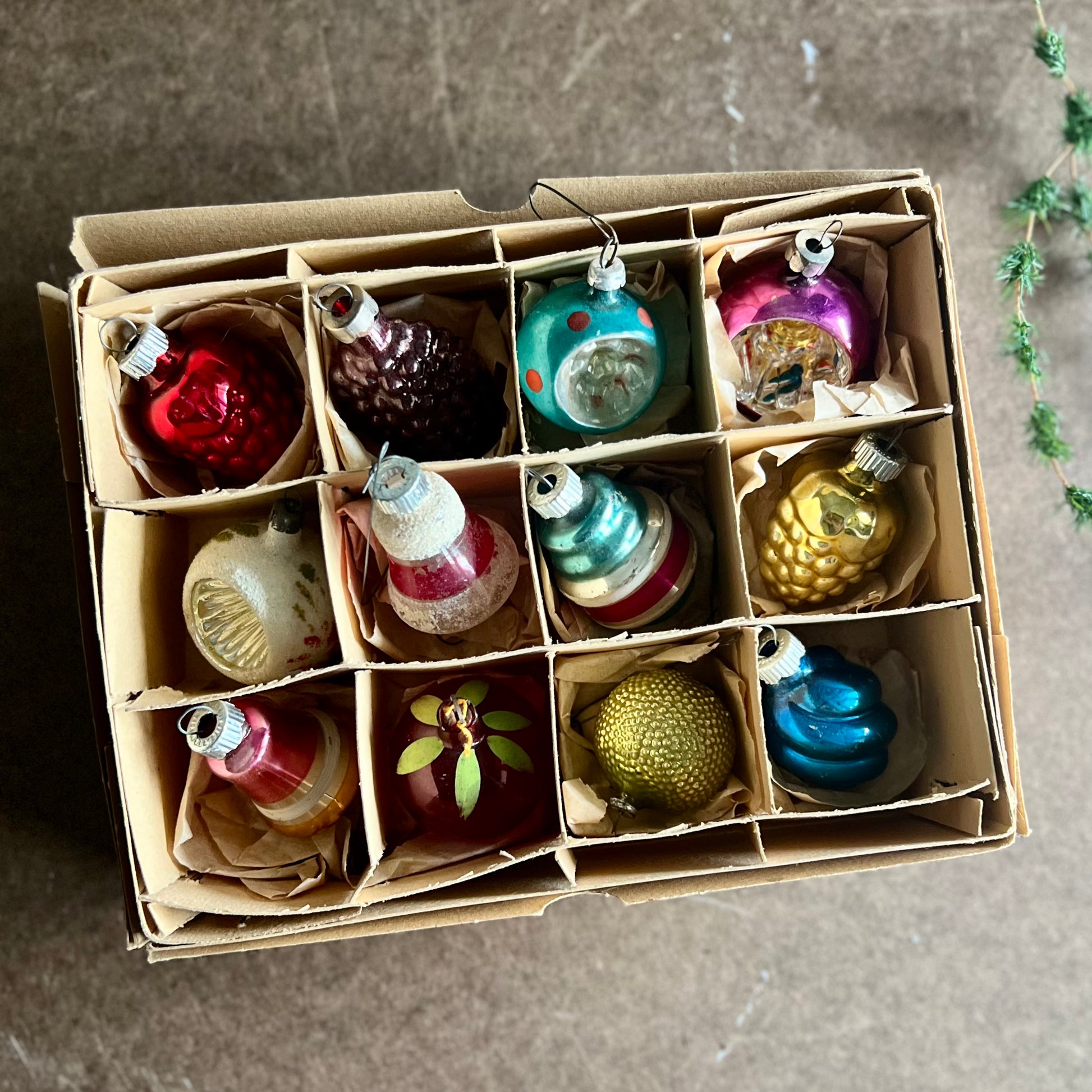 Twelve Vintage and Antique Glass Ornaments in Box