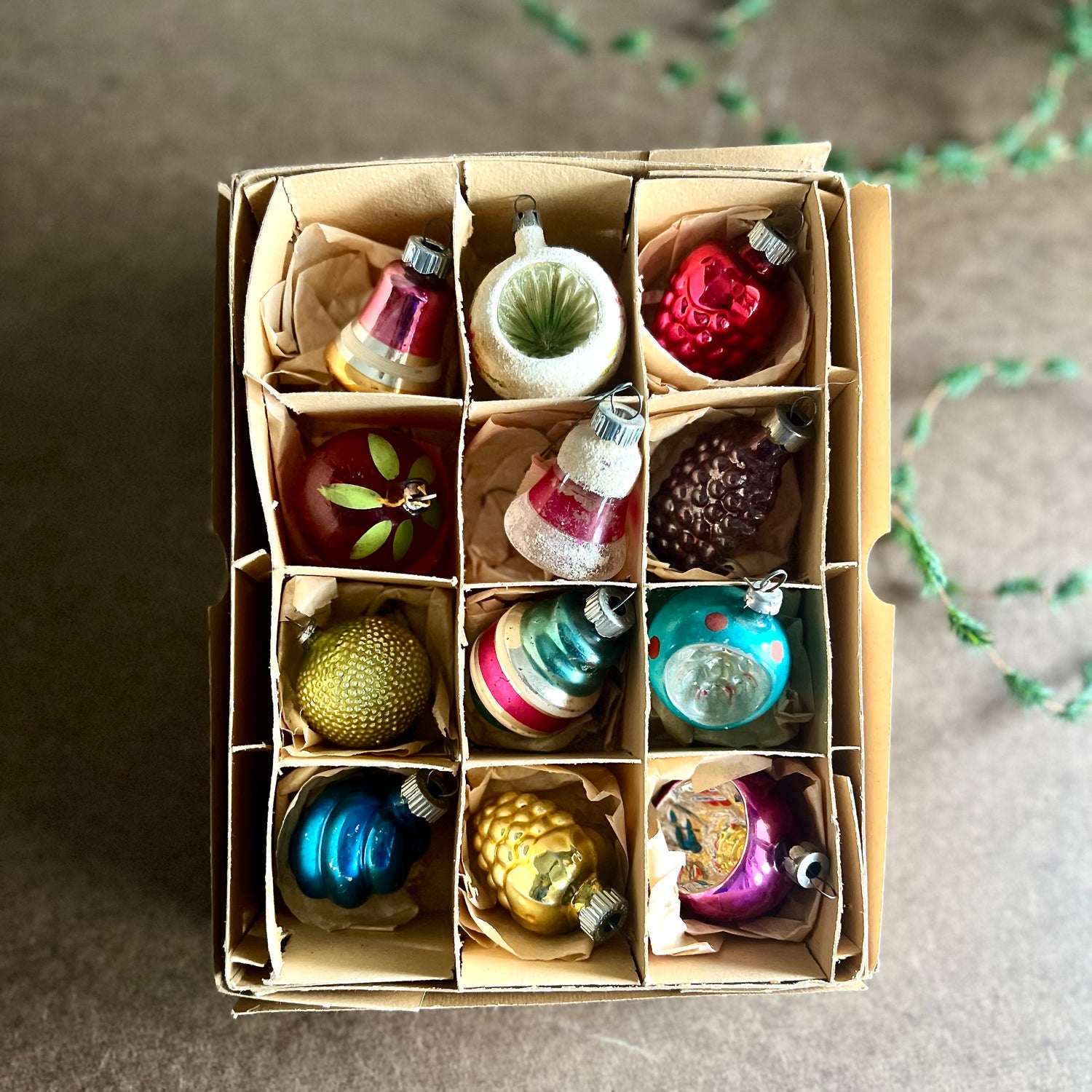 Twelve Vintage and Antique Glass Ornaments in Box