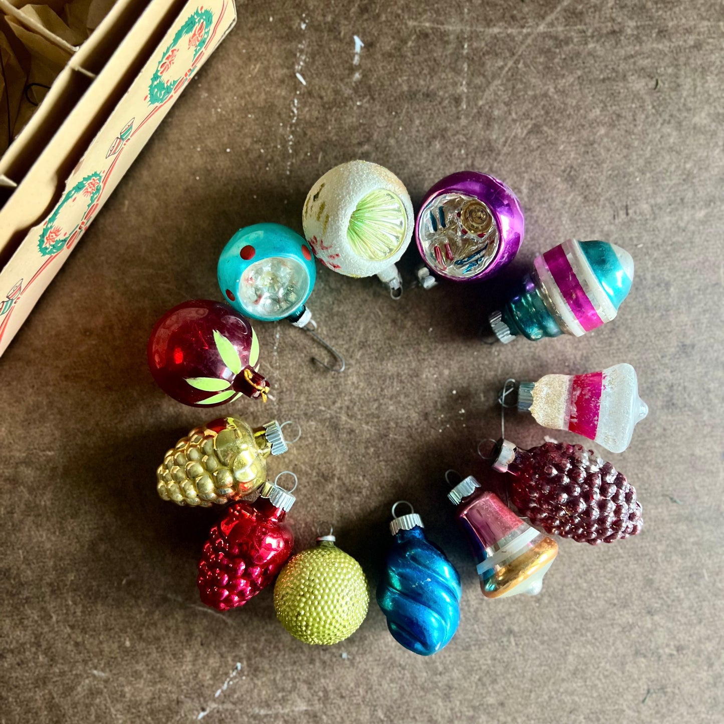 Twelve Vintage and Antique Glass Ornaments in Box