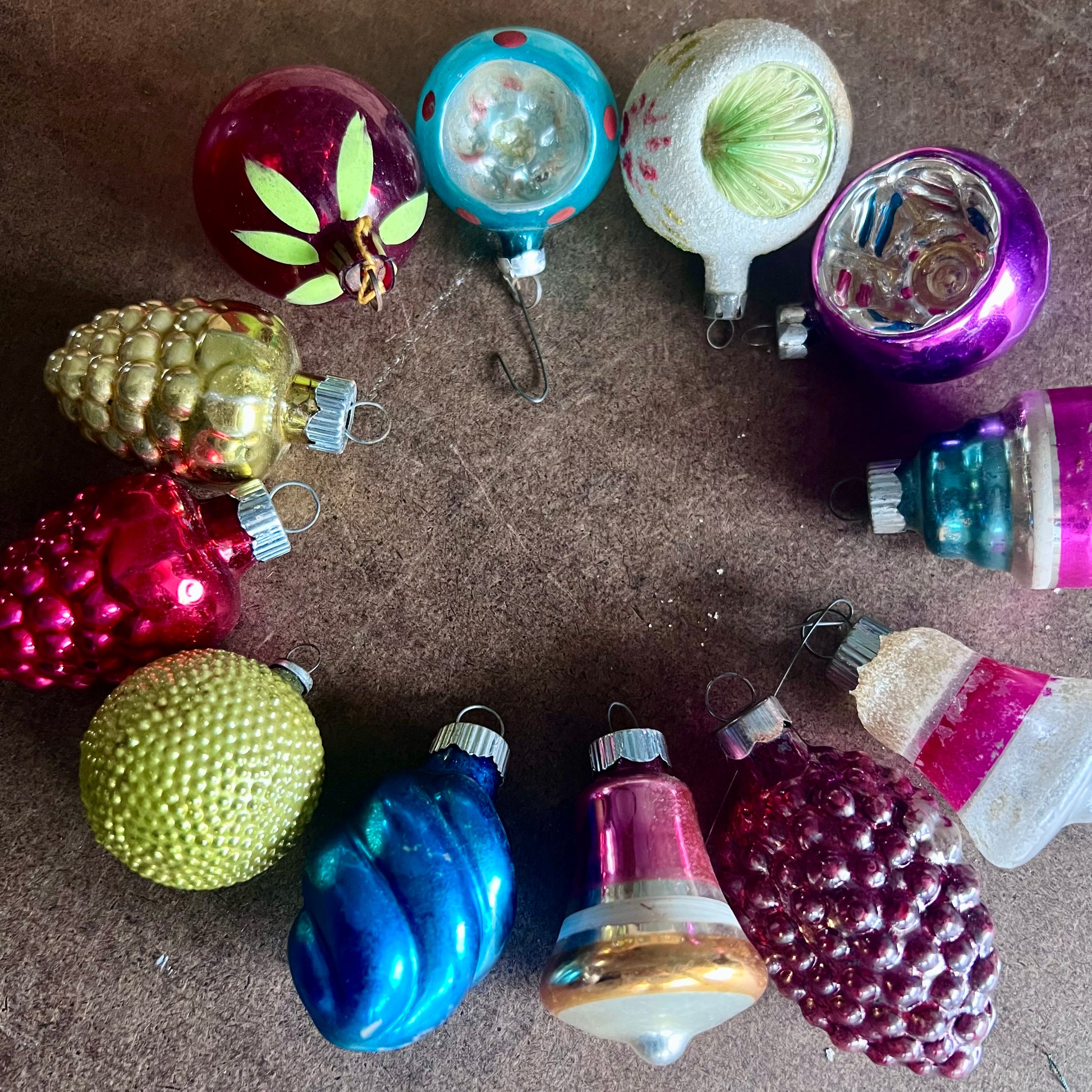 Twelve Vintage and Antique Glass Ornaments in Box