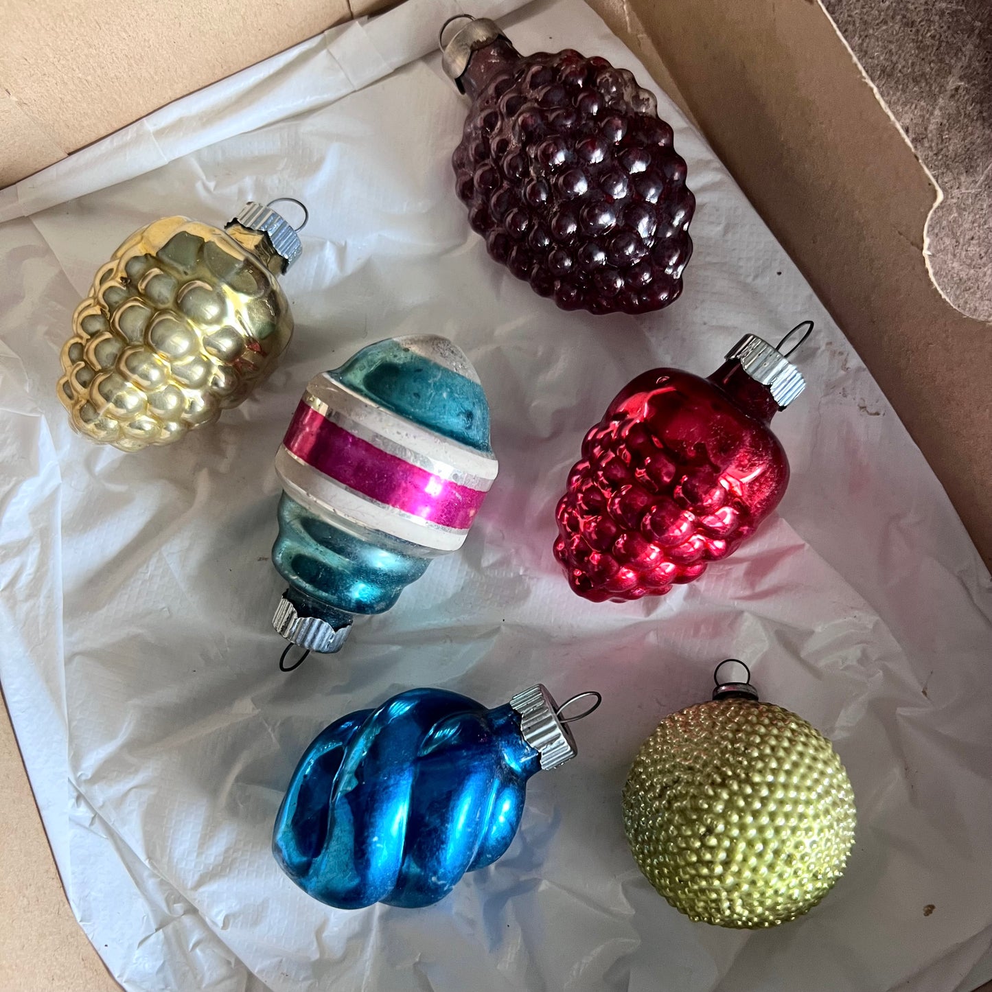 Twelve Vintage and Antique Glass Ornaments in Box