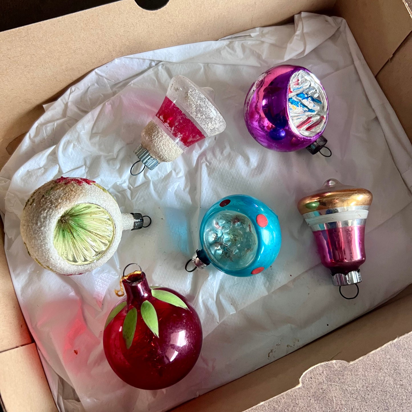 Twelve Vintage and Antique Glass Ornaments in Box