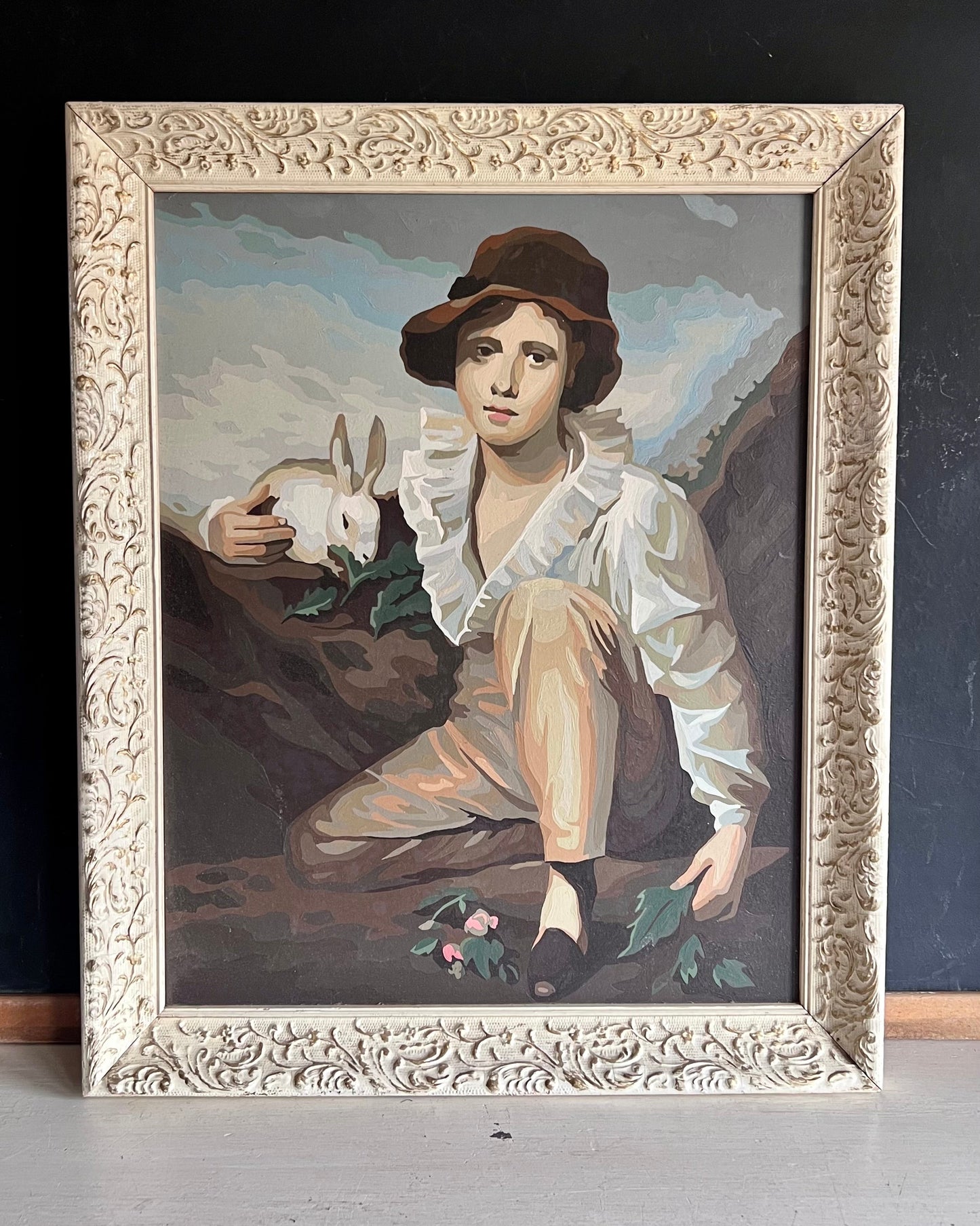 Framed Vintage Pet Portrait Paint by Number 'Boy and Rabbit'