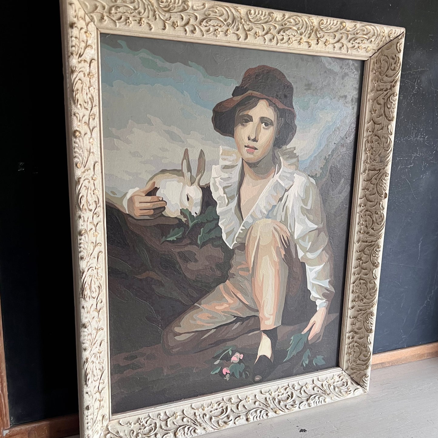 Framed Vintage Pet Portrait Paint by Number 'Boy and Rabbit'