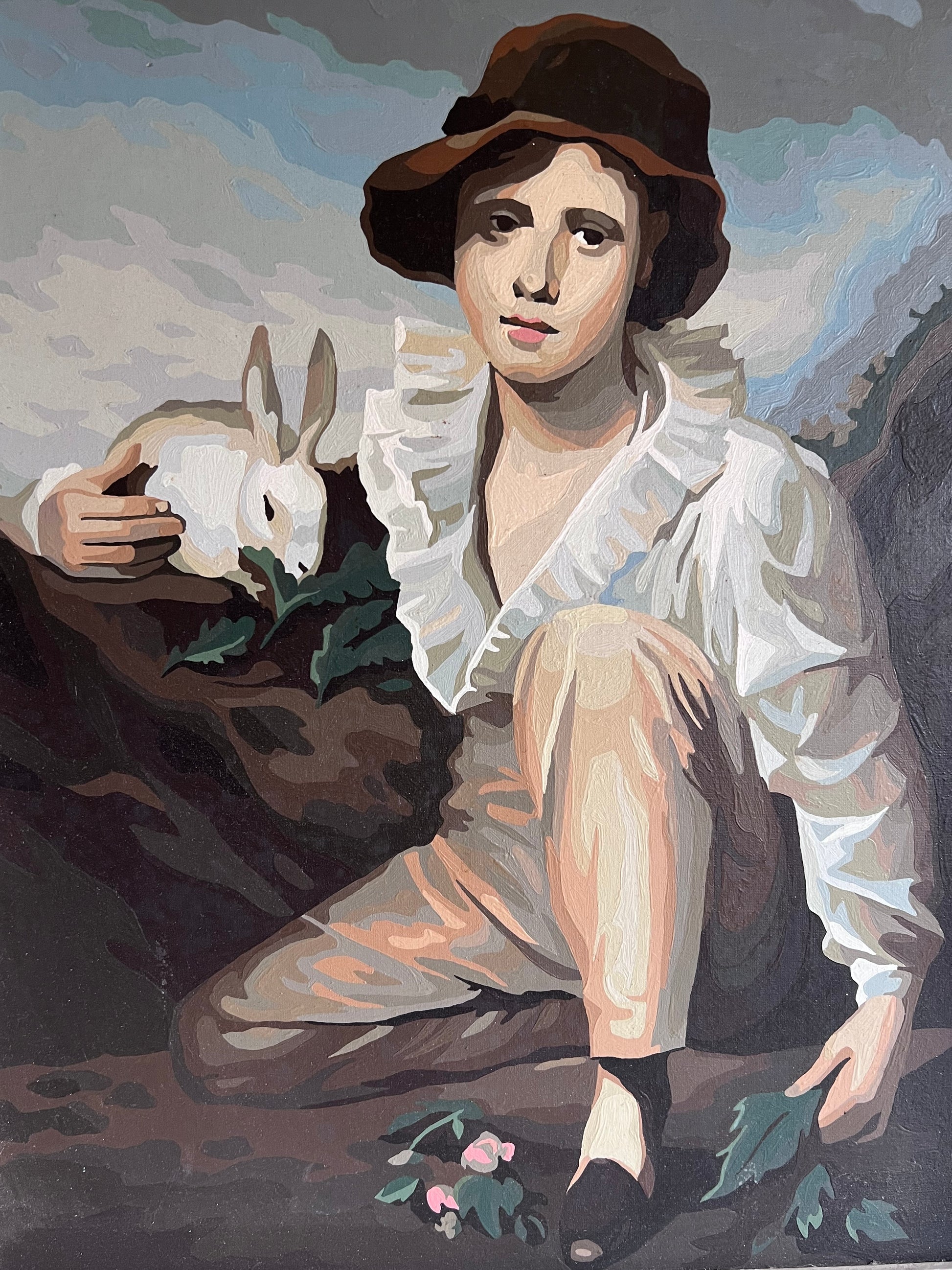 Framed Vintage Pet Portrait Paint by Number 'Boy and Rabbit'