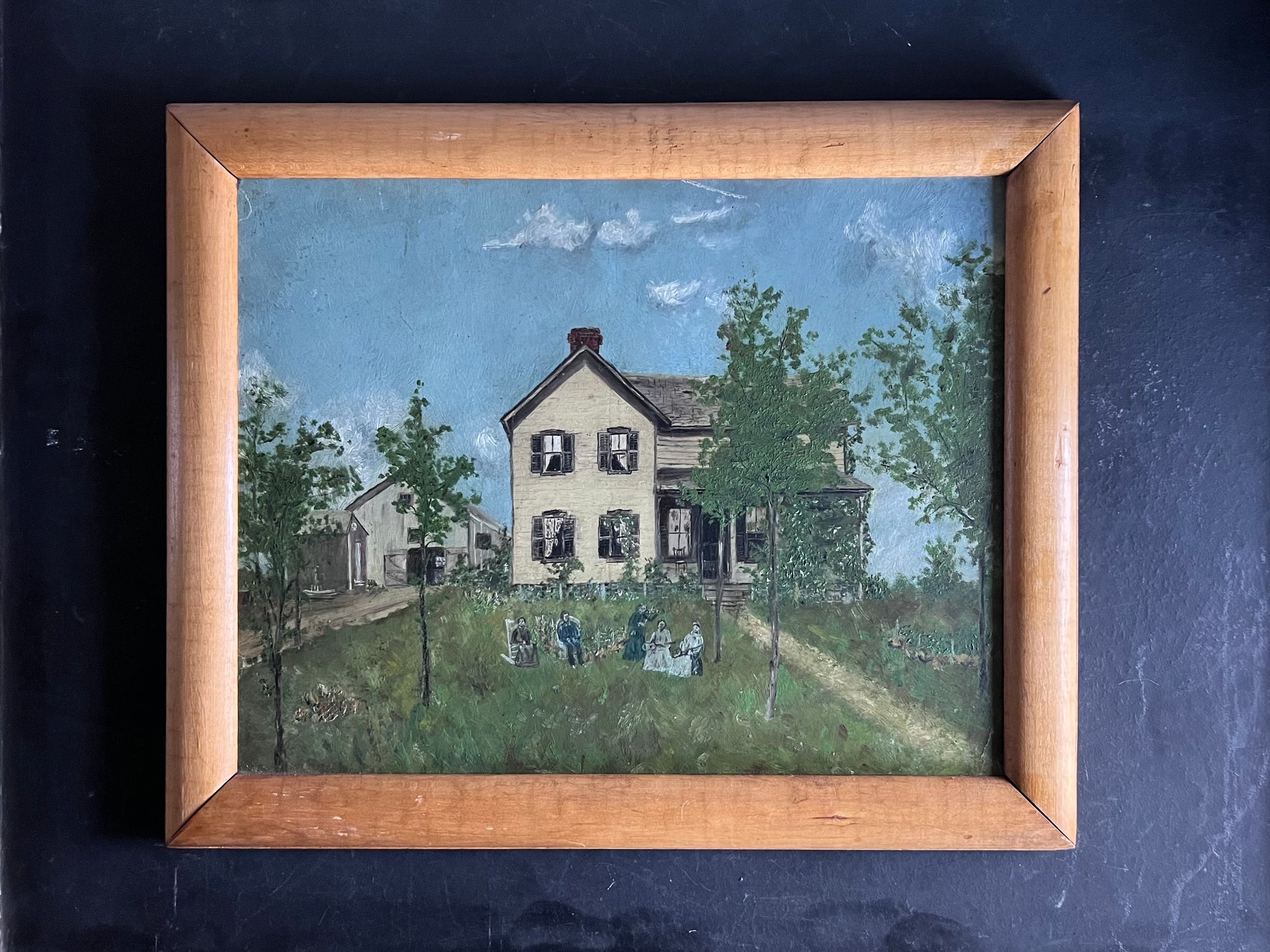 Early Folk Art Painting of Farmhouse on Grassy Hill with People Playing Music
