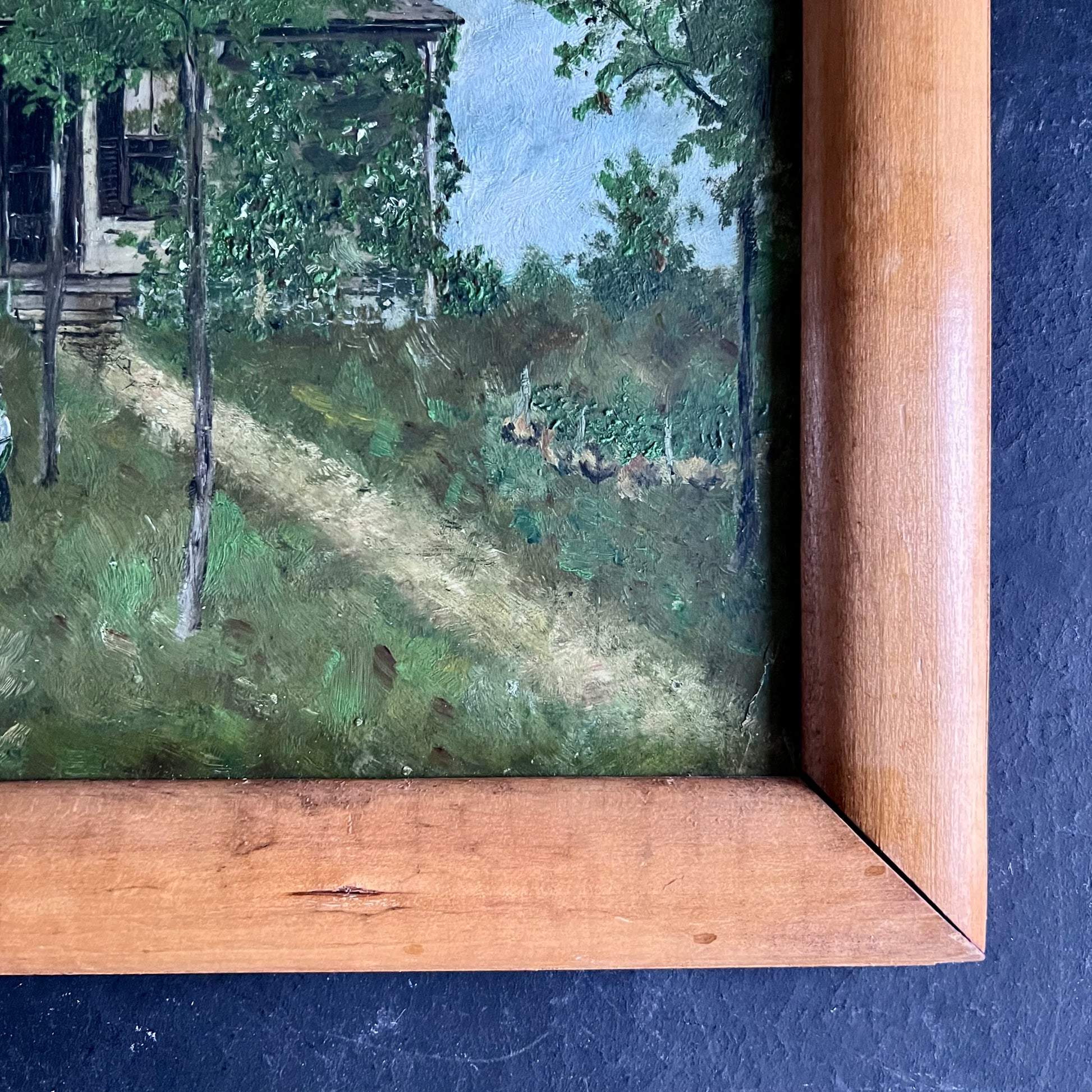 Early Folk Art Painting of Farmhouse on Grassy Hill with People Playing Music