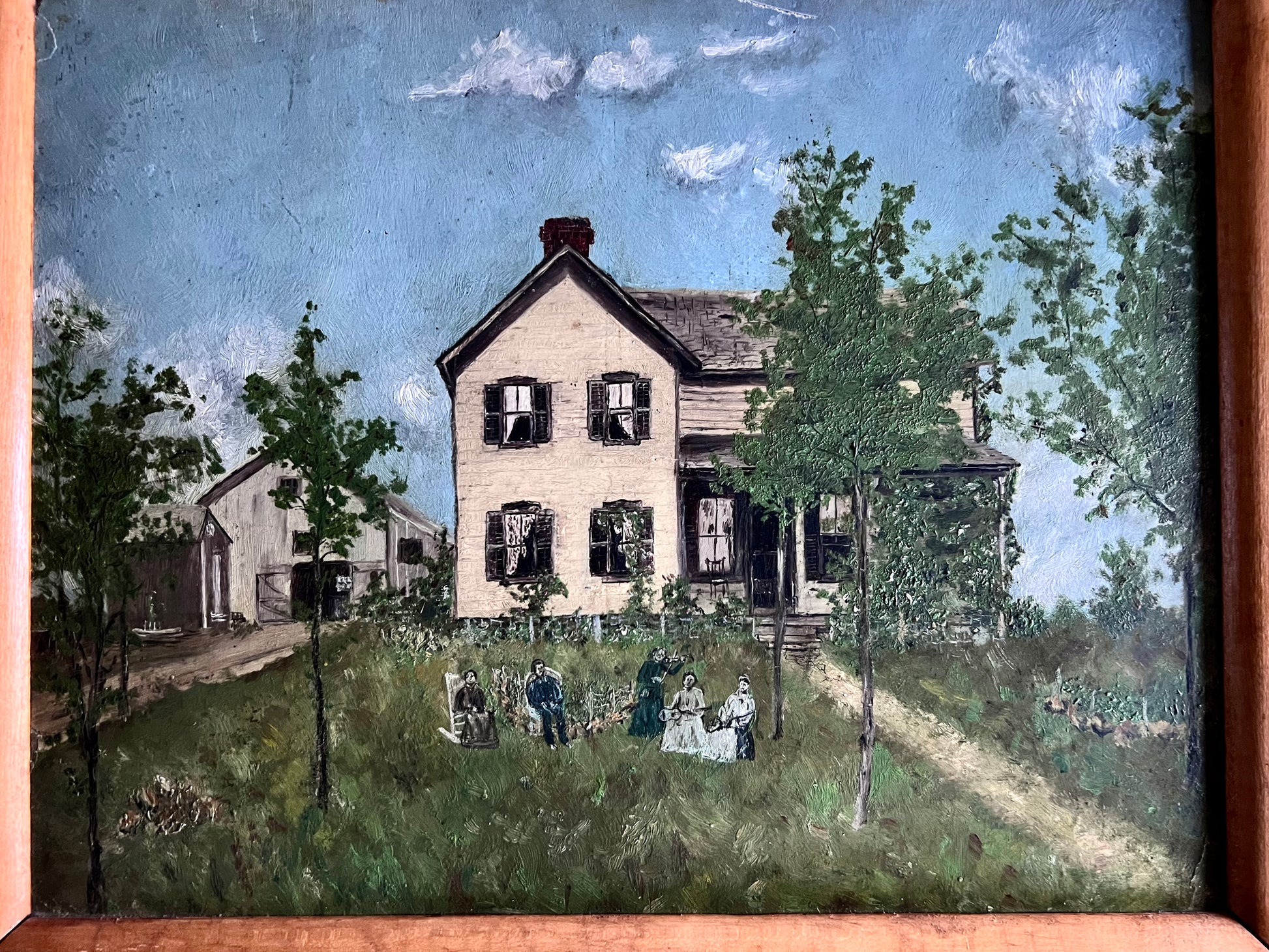 Early Folk Art Painting of Farmhouse on Grassy Hill with People Playing Music
