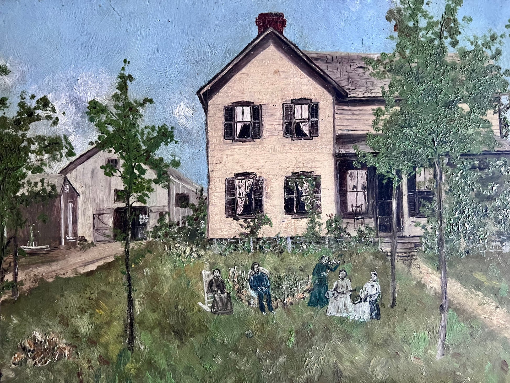 Early Folk Art Painting of Farmhouse on Grassy Hill with People Playing Music