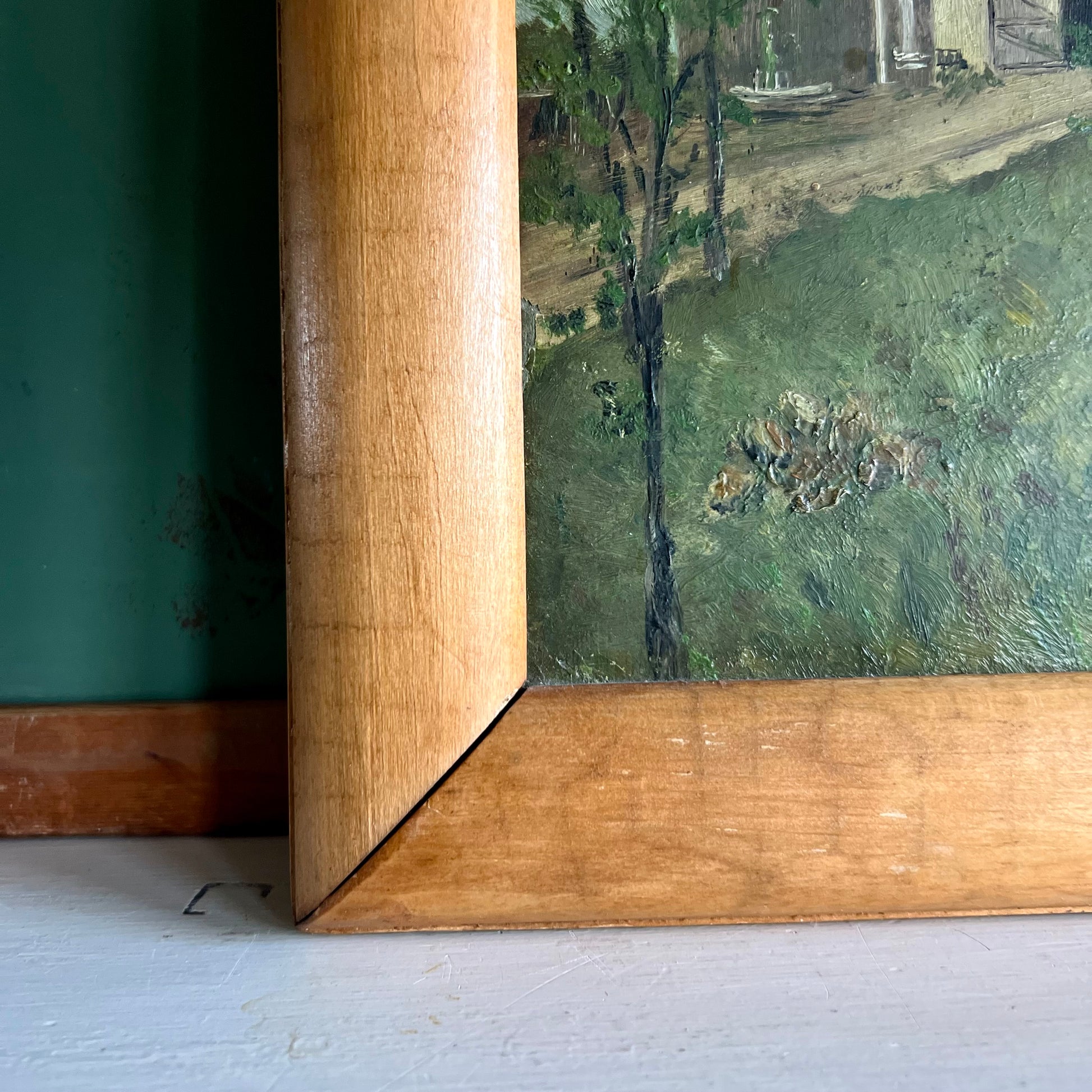 Early Folk Art Painting of Farmhouse on Grassy Hill with People Playing Music