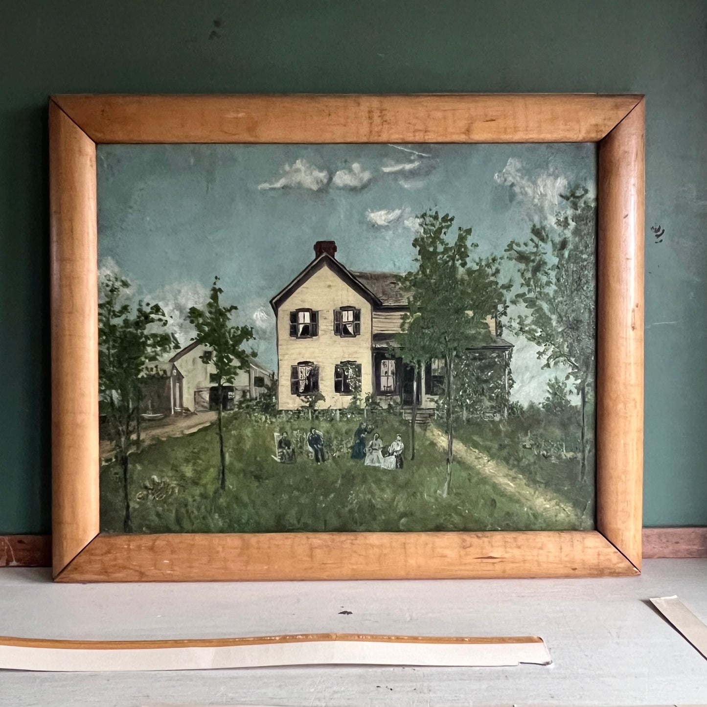 Early Folk Art Painting of Farmhouse on Grassy Hill with People Playing Music