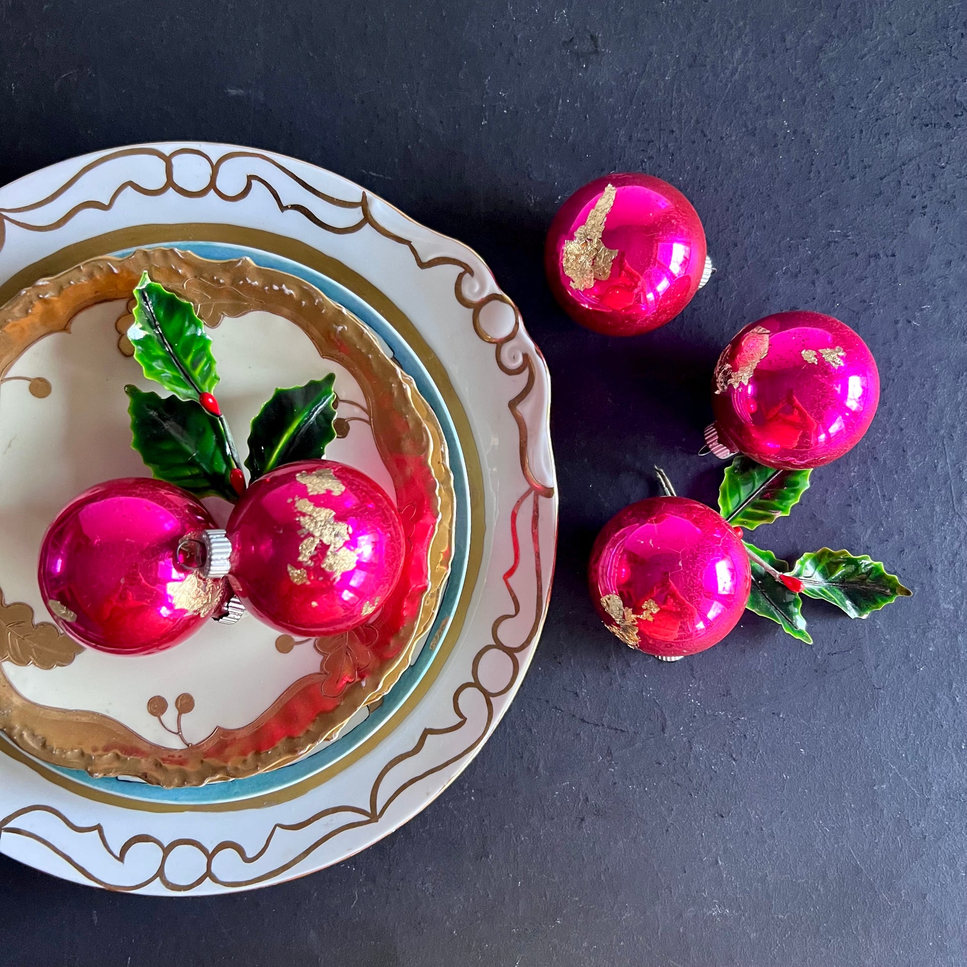 Vintage Hot Pink and Gold Shiny Brite Ornaments, Set of 5