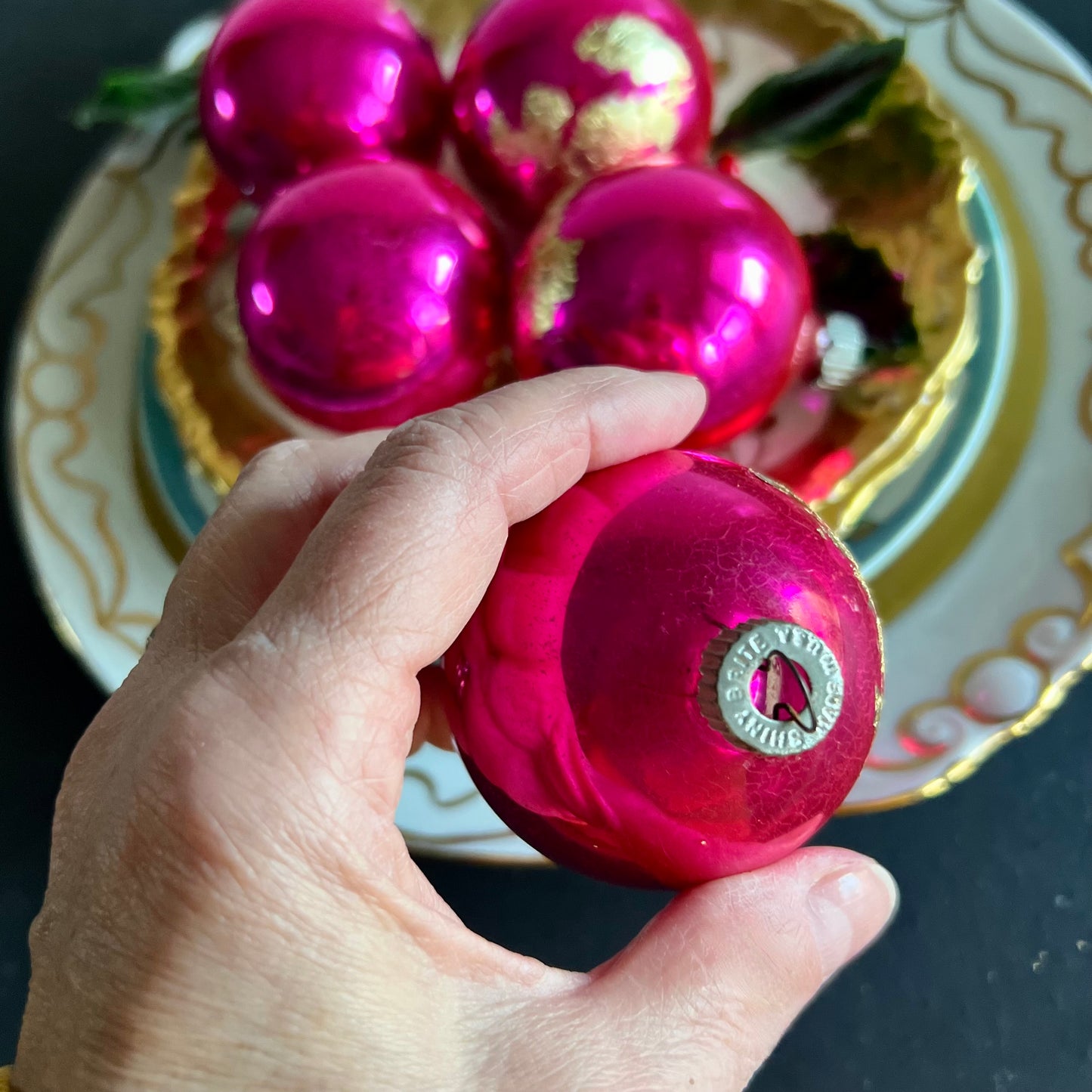 Vintage Hot Pink and Gold Shiny Brite Ornaments, Set of 5