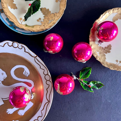 Vintage Hot Pink and Gold Shiny Brite Ornaments, Set of 5