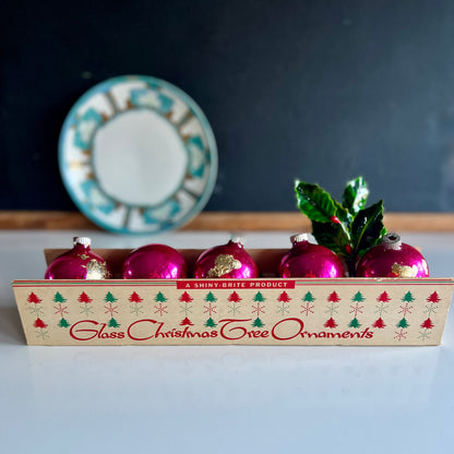 Vintage Hot Pink and Gold Shiny Brite Ornaments, Set of 5