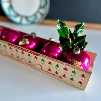 Vintage Hot Pink and Gold Shiny Brite Ornaments, Set of 5