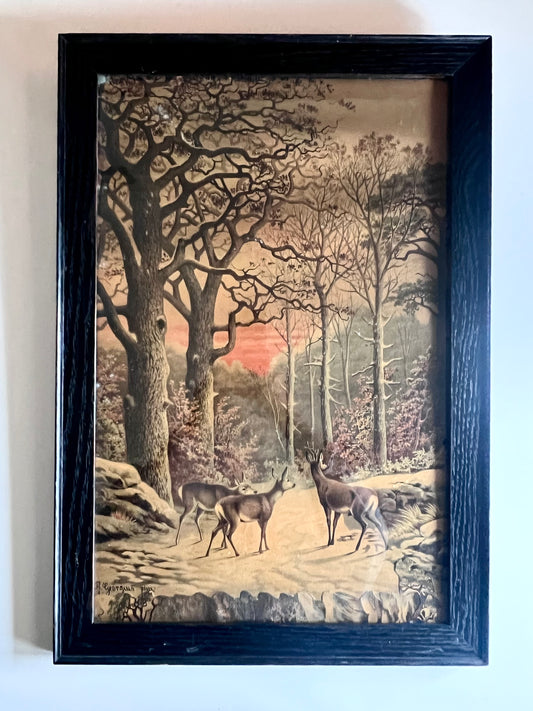 Antique Framed Lithograph of Deer in Winter Forest by German Artist Robert Georgius